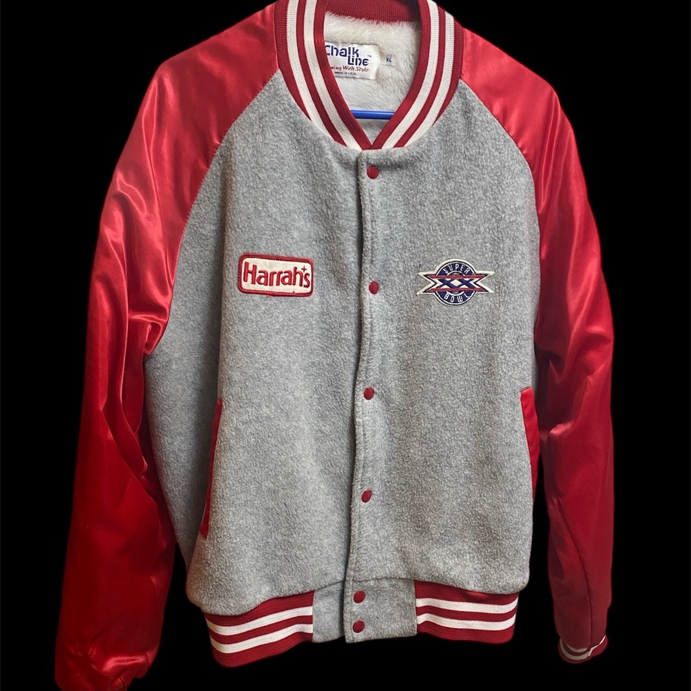 VTG 1986 Chalk Line Super Bowl XX Chicago Bears Gray Fleece Jacket XL HARRAH'S
